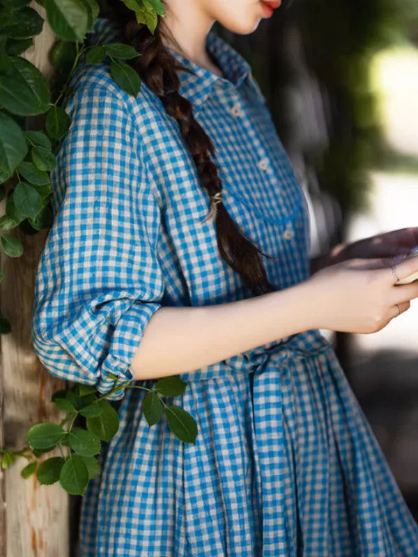 Spring Breeze Blue Checkered Dress