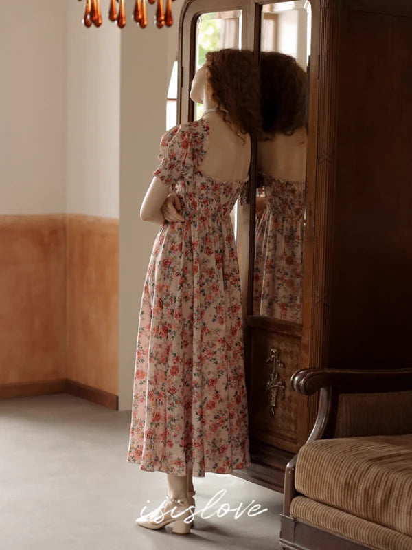 Vintage Pink Flower Off-Shoulder Dress