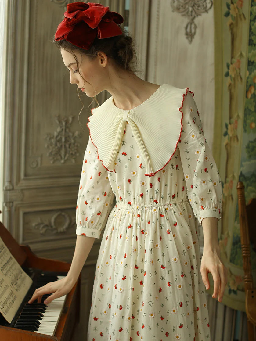 Pleated Collar Retro Floral Cotton Dress