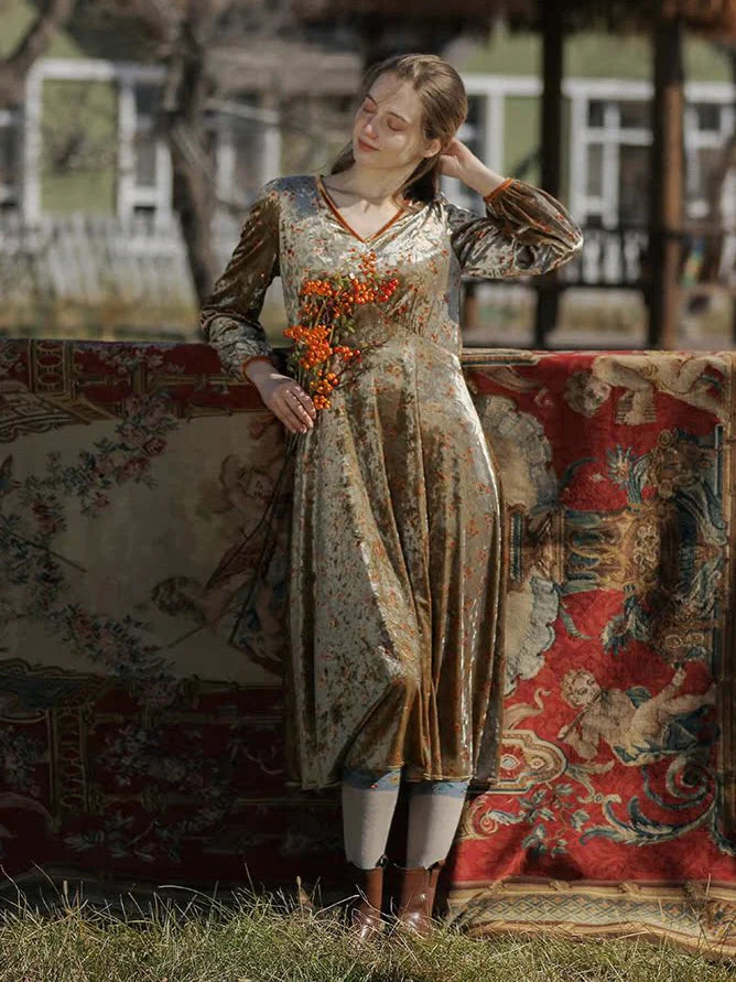 Elegant Autumn Vintage Velvet Floral Dress