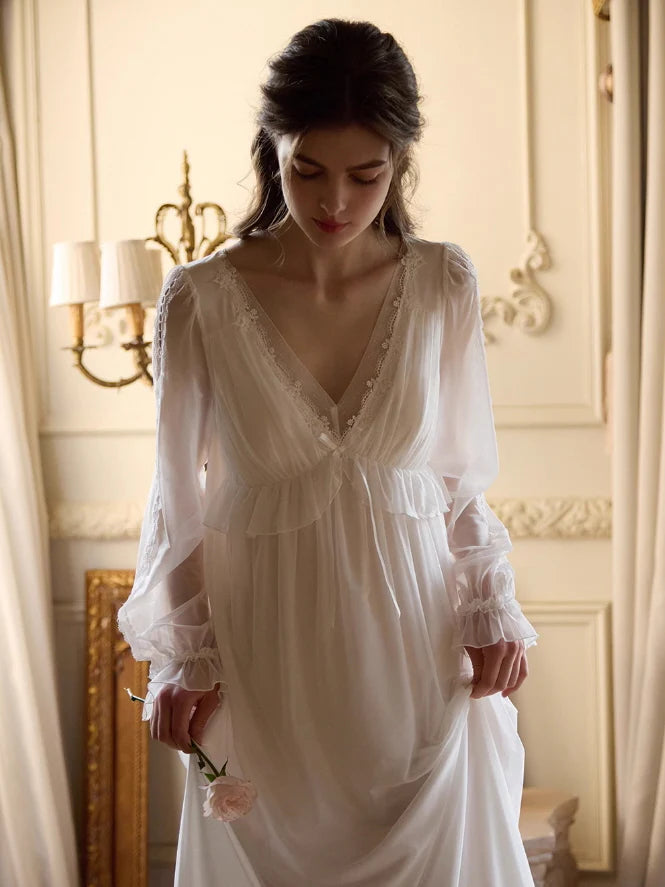 Ethereal Lace Trim Long Sleeve Nightgown
