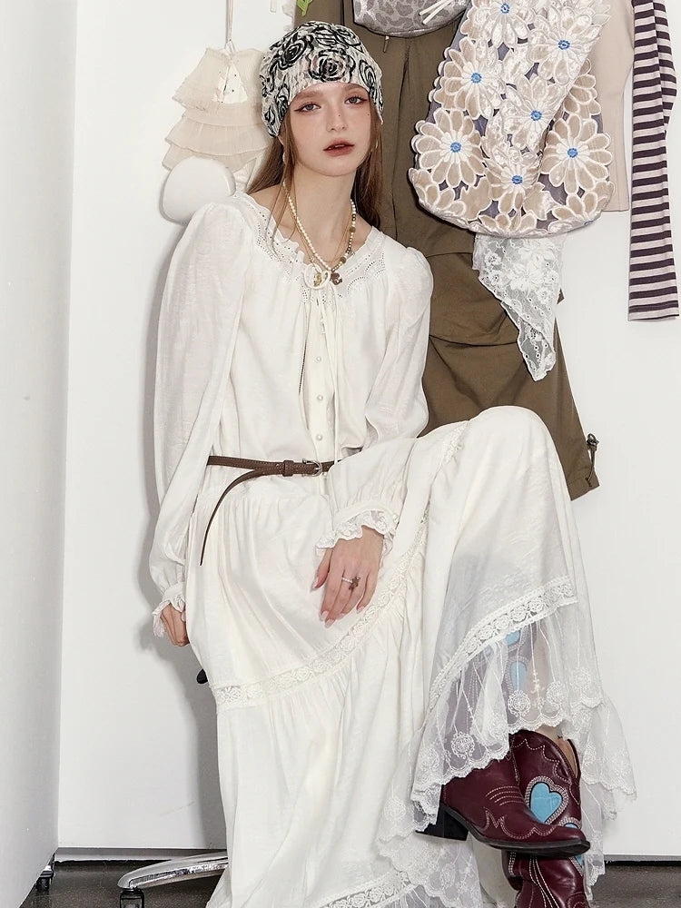 Ethereal Lace Trim Tiered Long Dress