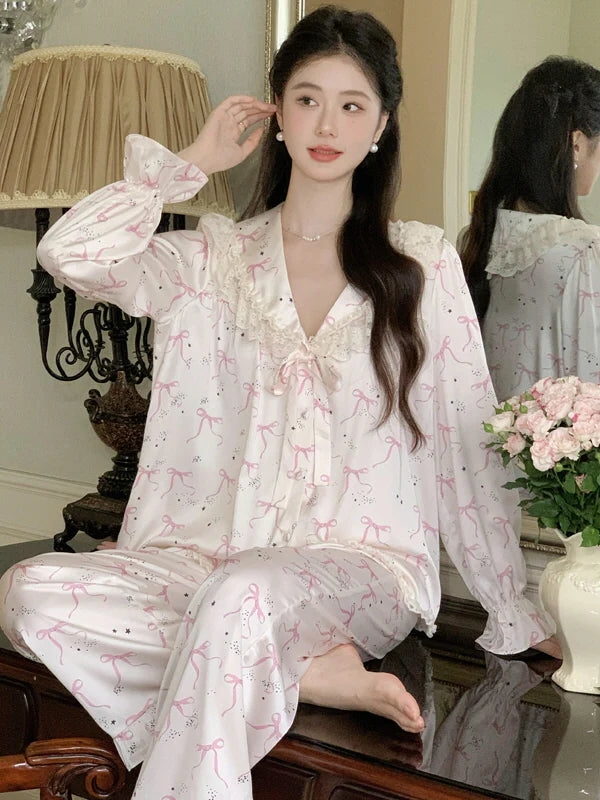 Pink Bow Charm Satin Pajama Set