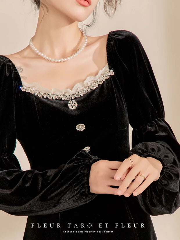 Victorian Elegance Black Velvet Dress