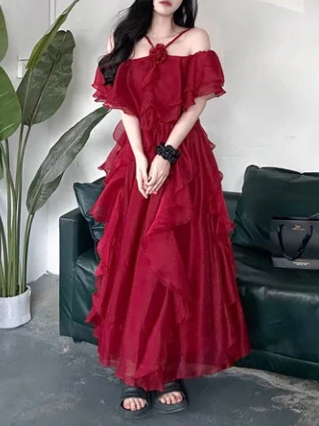 Scarlet Ruffle Off-Shoulder Chiffon Dress