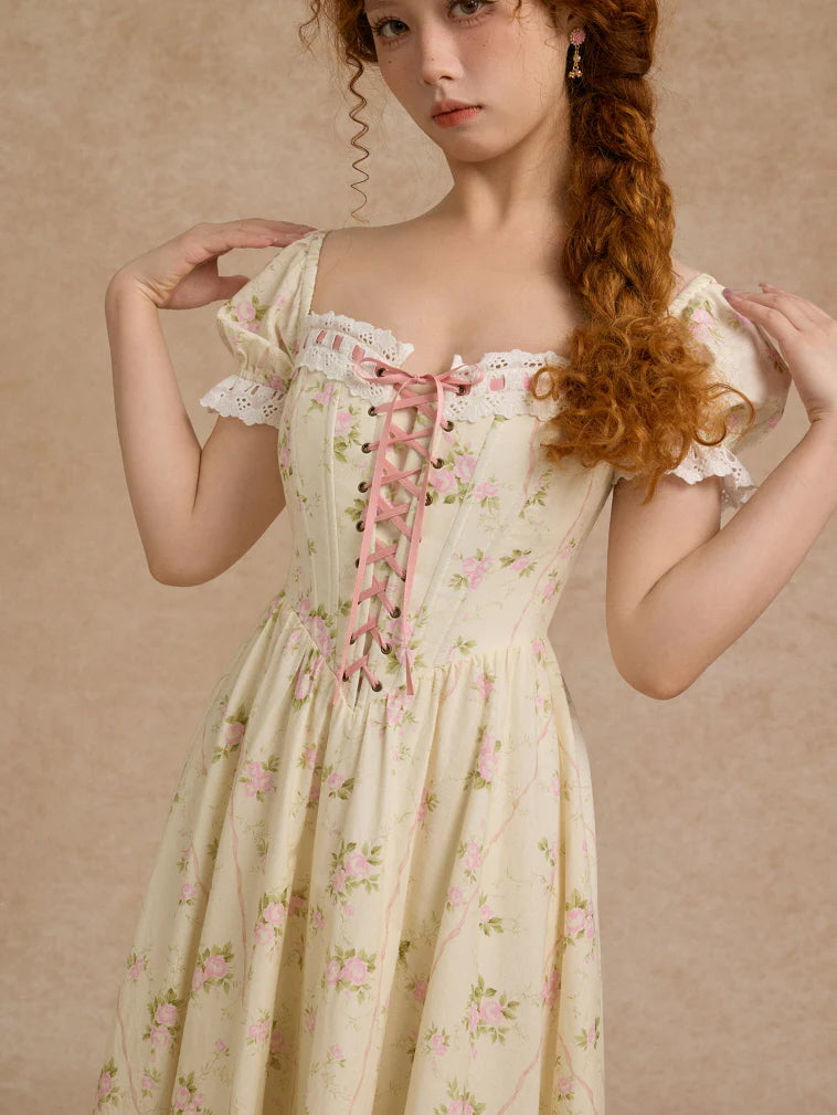 Vintage Rose Garden Lace-Up Off-Shoulder Dress