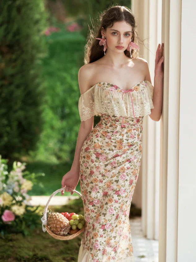 Floral Lace Off-Shoulder Corset Top & Skirt