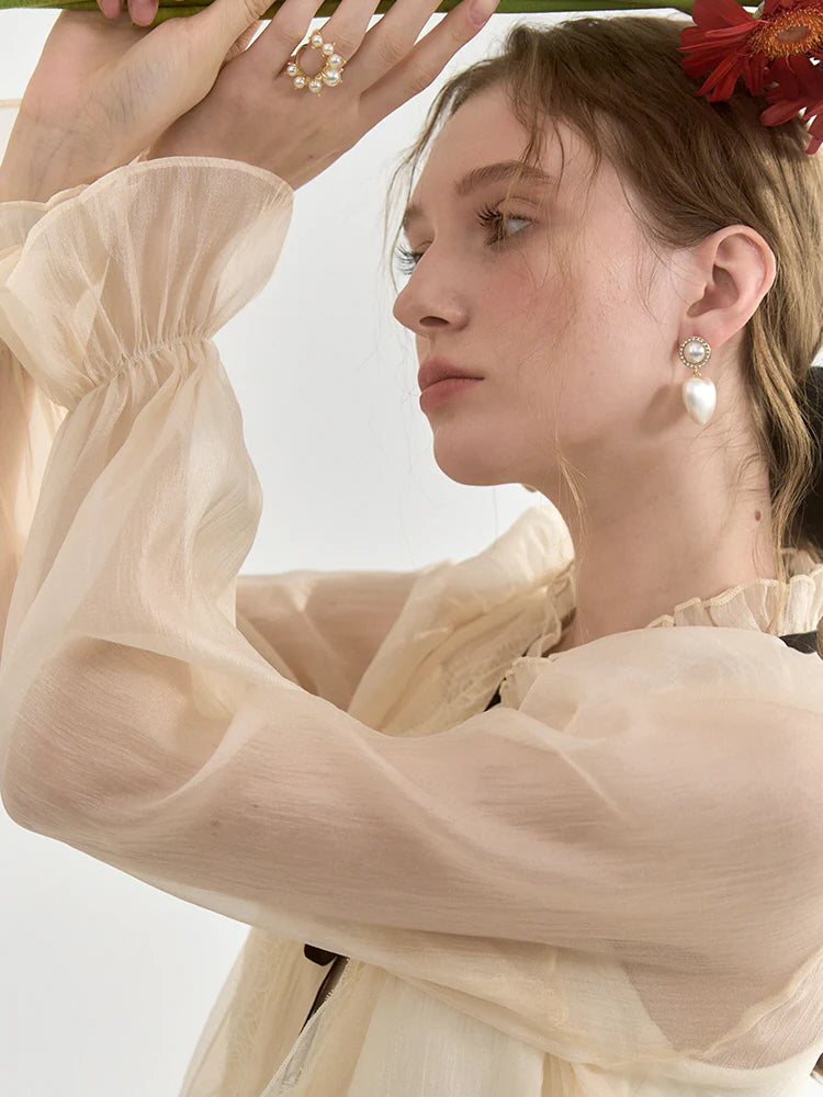 Sheer Lace-Trimmed Blouse with Ribbon Tie