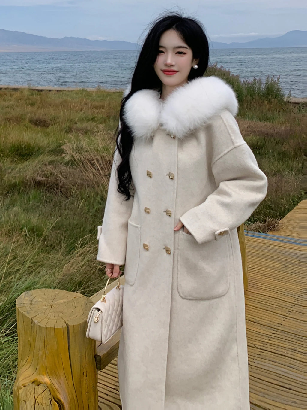 Fur Collar Wool Double-Breasted Coat