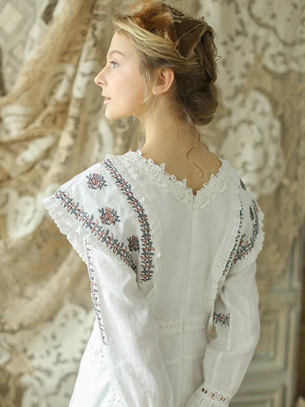 Victorian Floral Embroidered White Dress