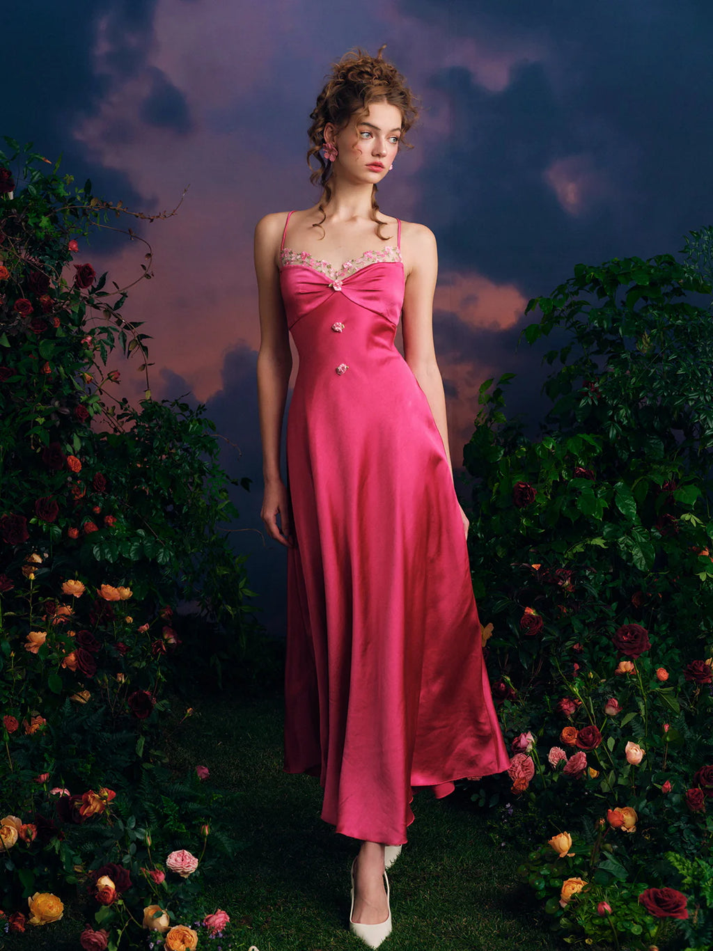 Embroidered Rose Satin Slip Dress