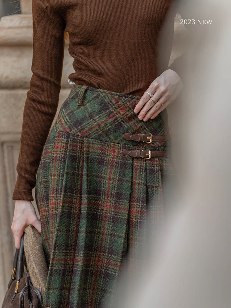 Vintage Wool Plaid Buckle Green Checkered Skirt