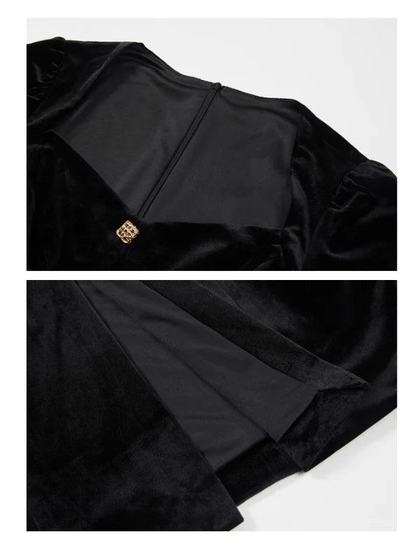 Elegant Black Velvet Dress with Gold Accents