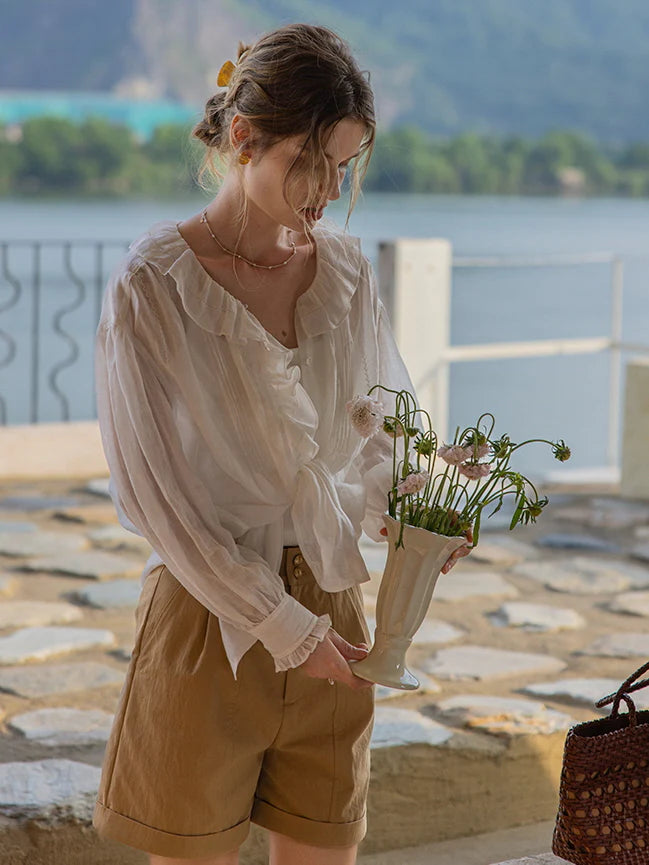 Delicate Ruffle Collar Ramie Blouse
