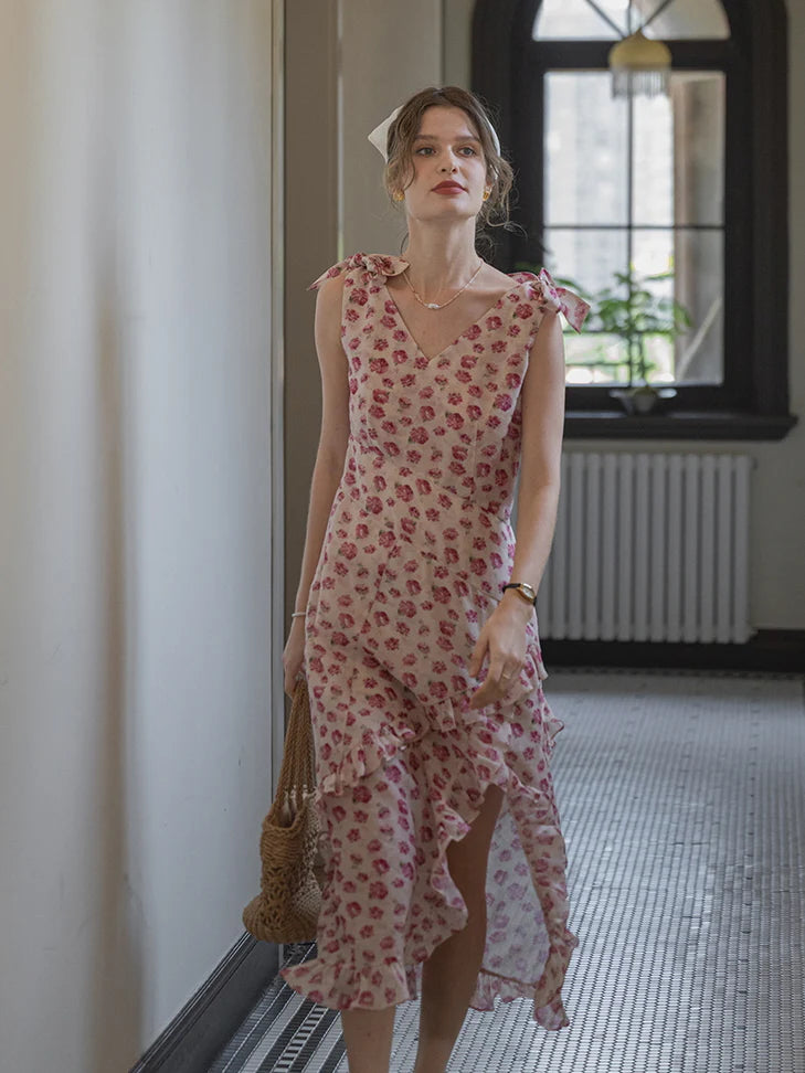 Romantic Rose Garden Ruffled Wrap Dress