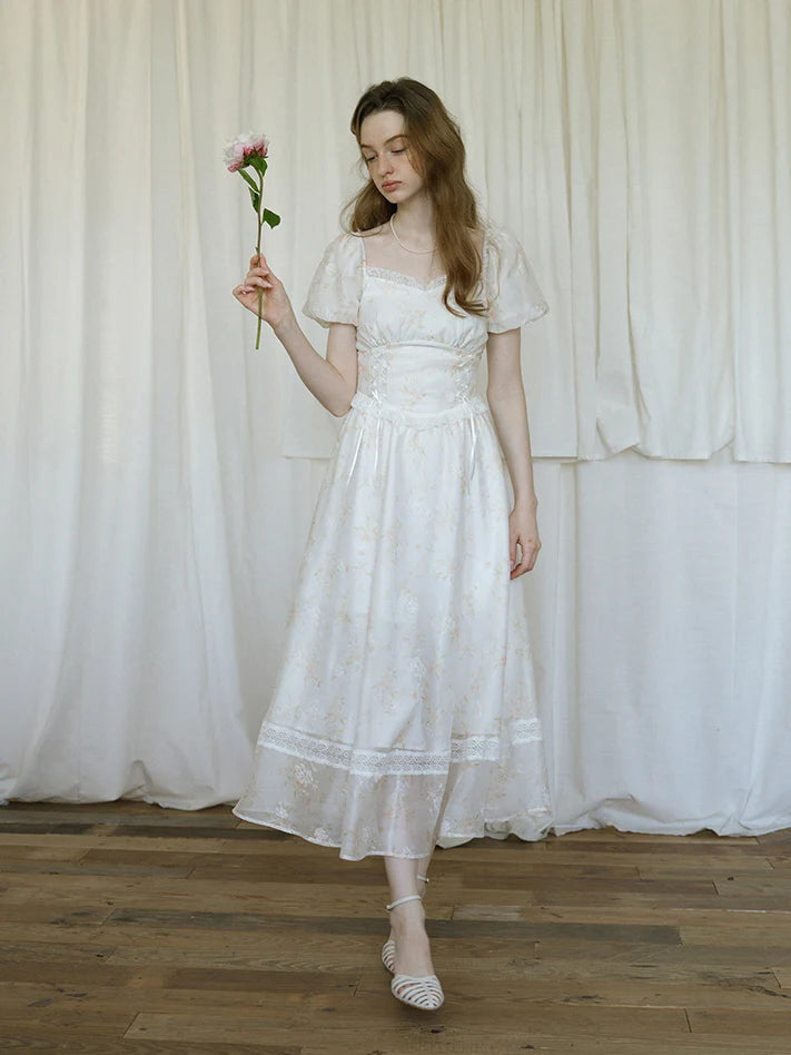 White Floral Corset Waist Dress