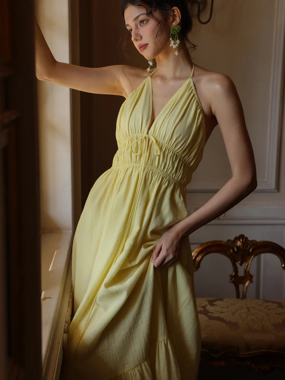 Lemon Bloom Backless Maxi Dress