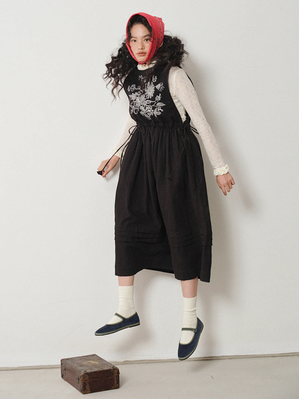 Floral Embroidered Linen-Cotton Pinafore Dress