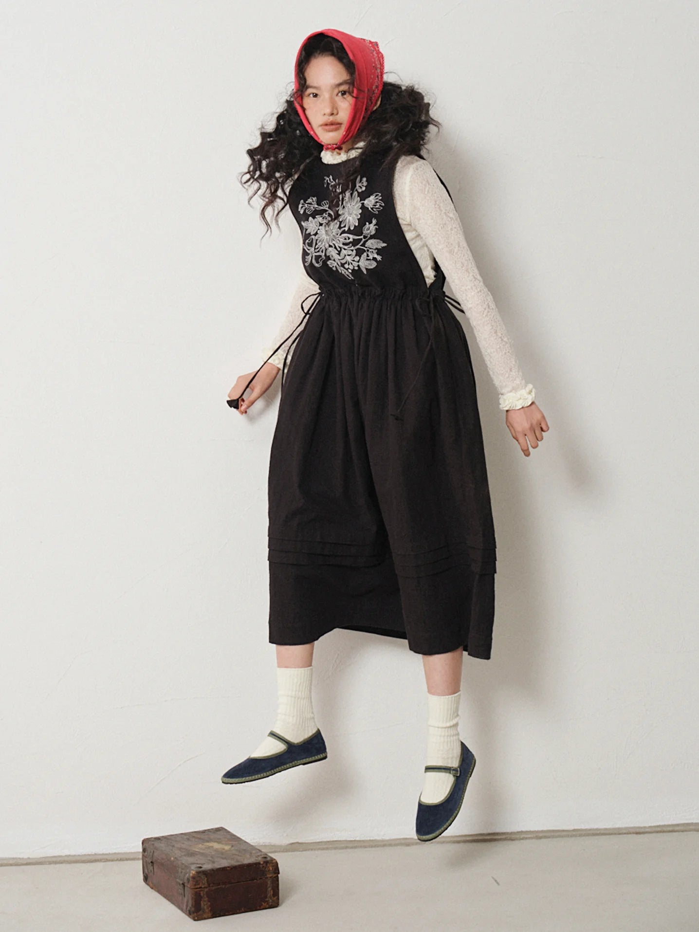 Floral Embroidered Linen-Cotton Pinafore Dress