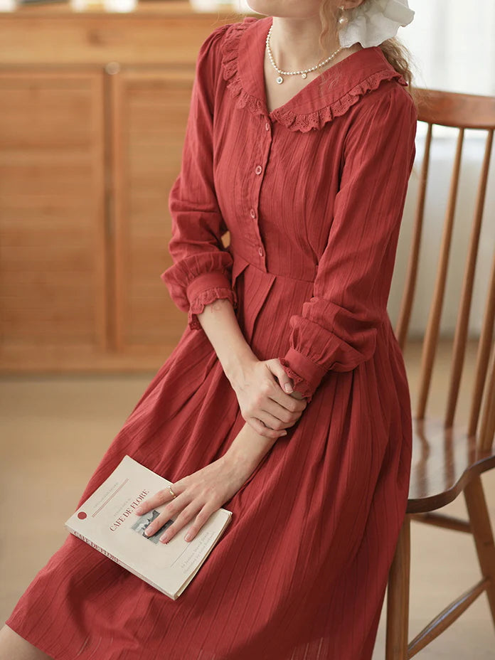 Lace-Trimmed Vintage Rust Cotton Dress