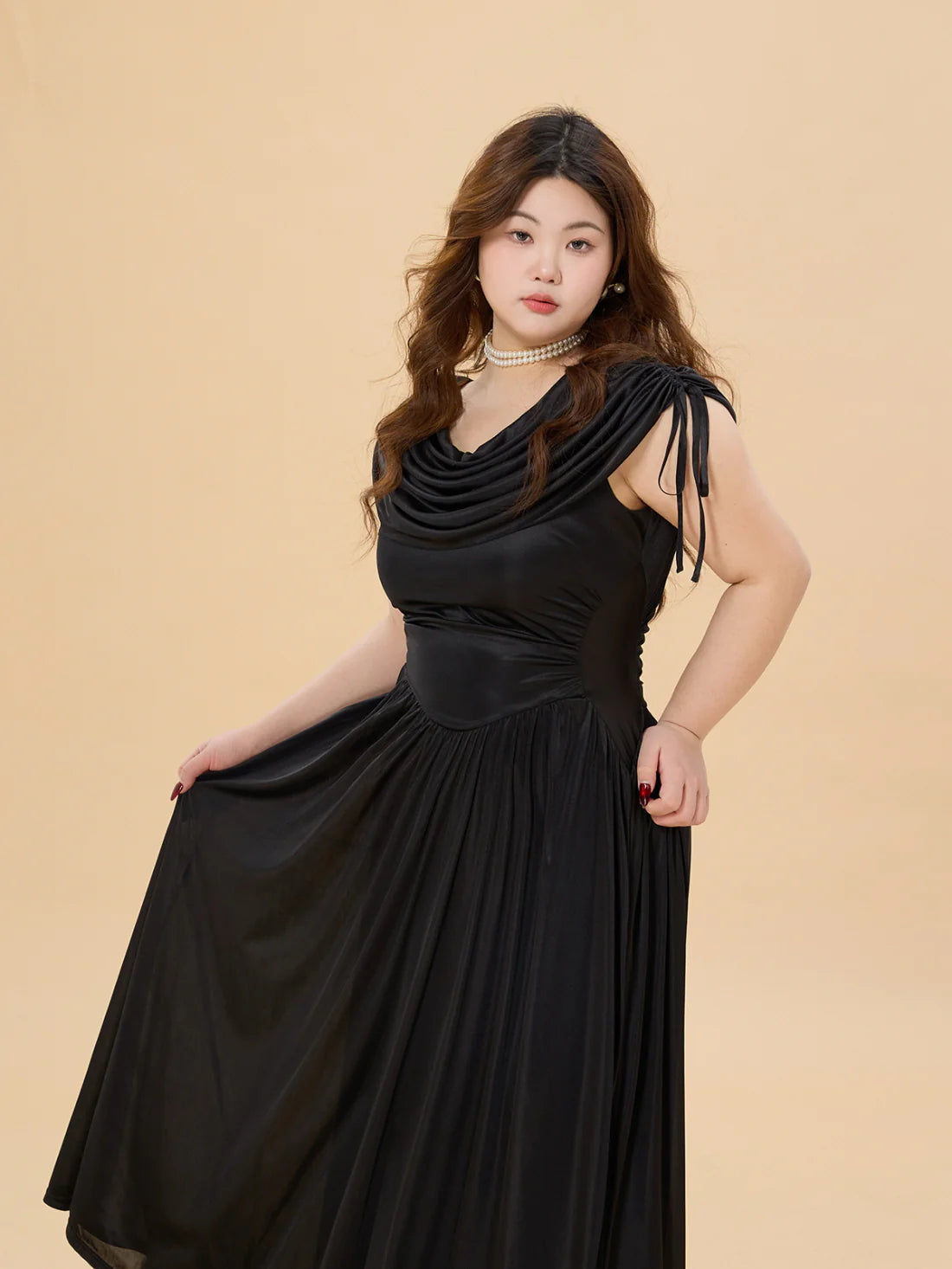 Midnight Satin Plus Size Dress with Draped Shoulders