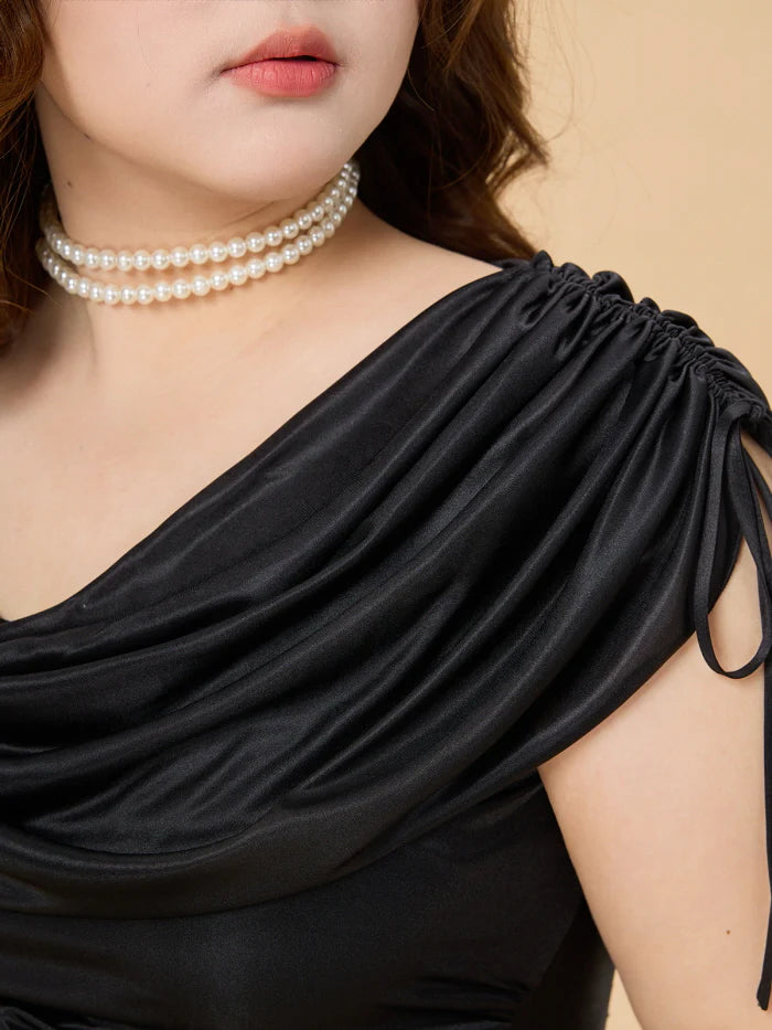 Midnight Satin Plus Size Dress with Draped Shoulders