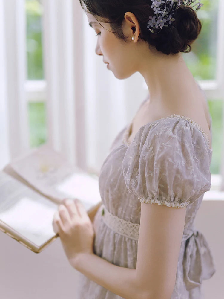 Lavender Bloom Embroidered Waist Dress