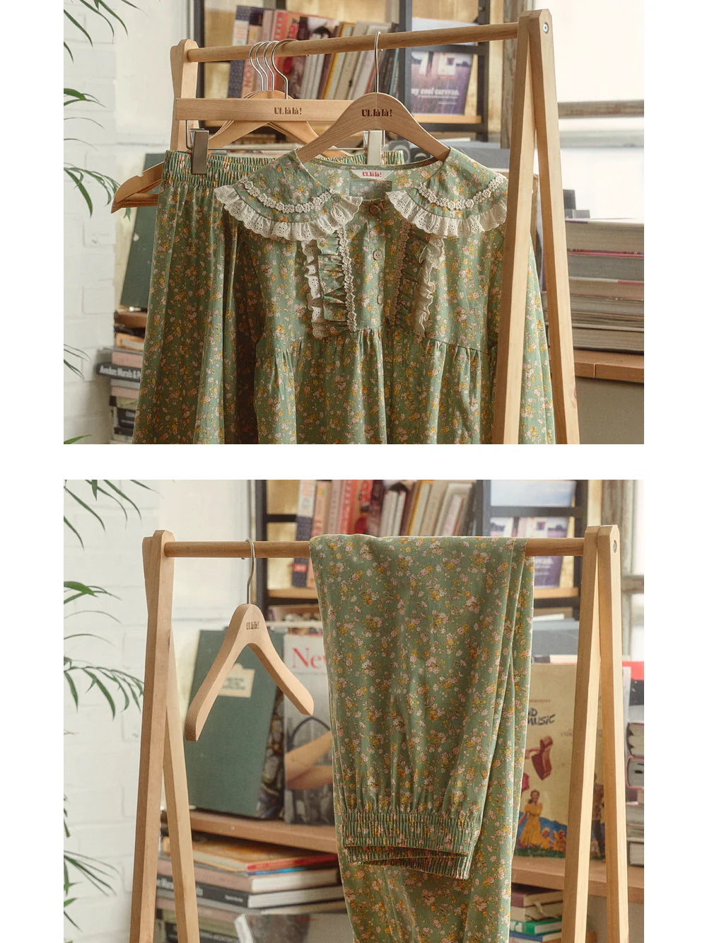 Green Floral Lace Trim Pajama Set