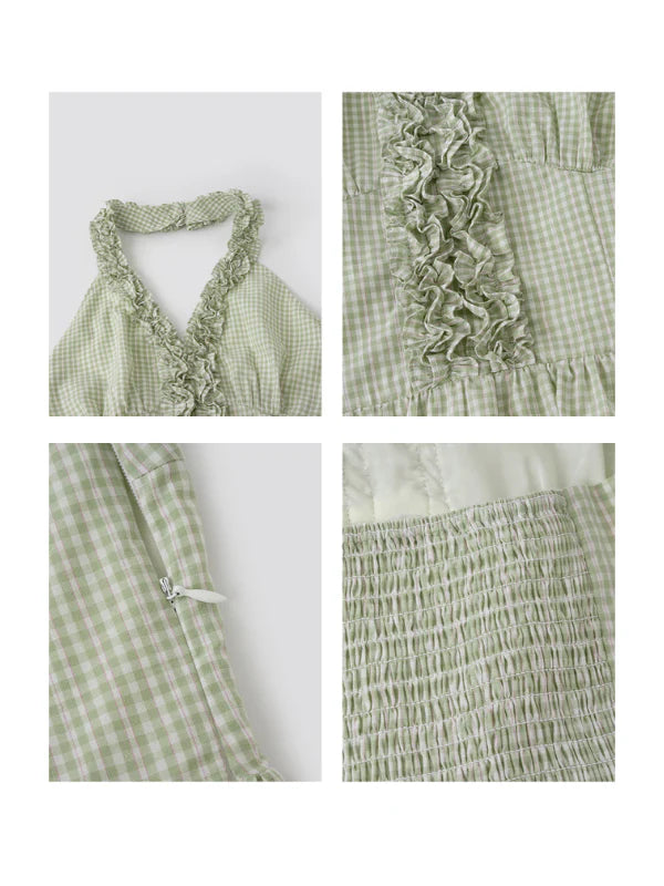 Romantic Green Gingham Halter Dress