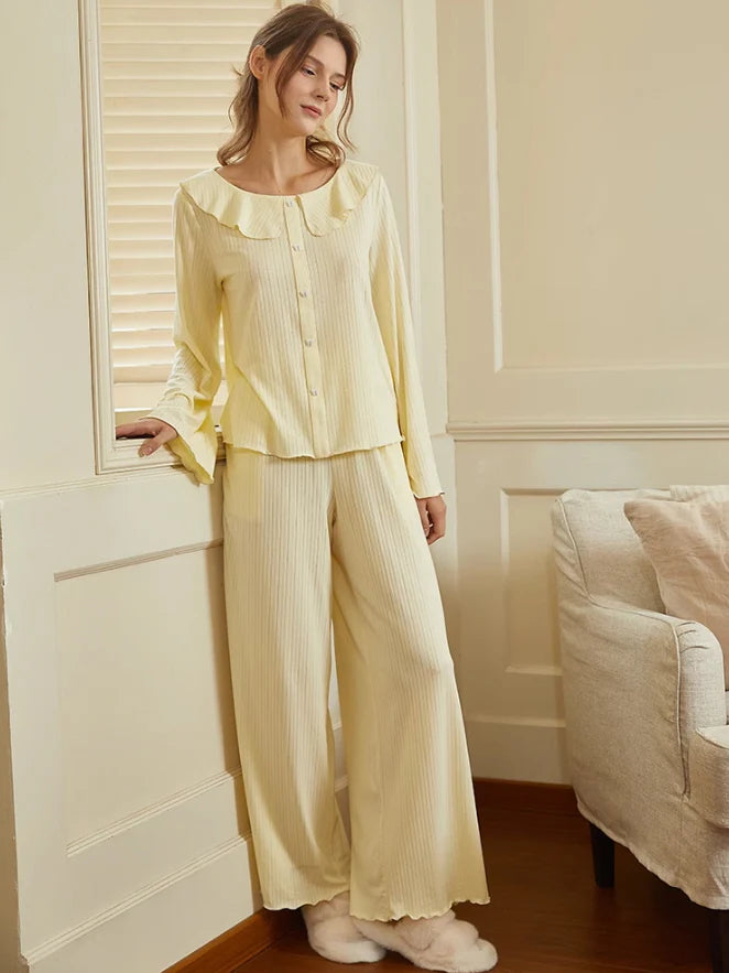 Soft Yellow Ruffled Collar Pajama Set