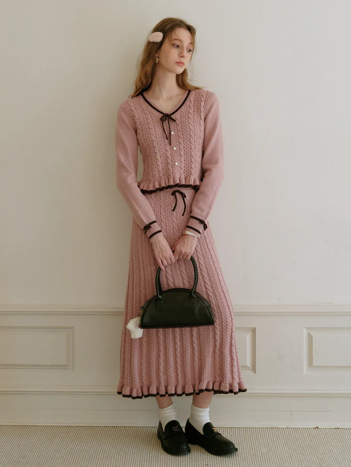 Ribbon Trim Ruffle Knit Cardigan