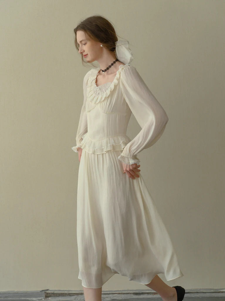 Poetic Cream Ruffle Lace Dress