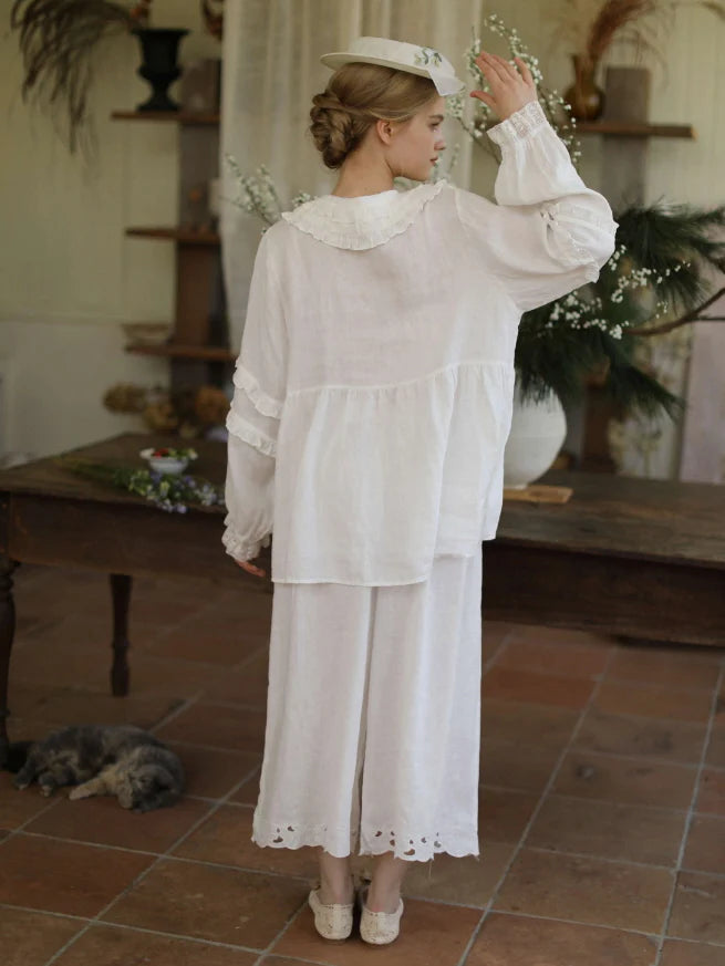 Flower Basket Embroidery Linen Blouse