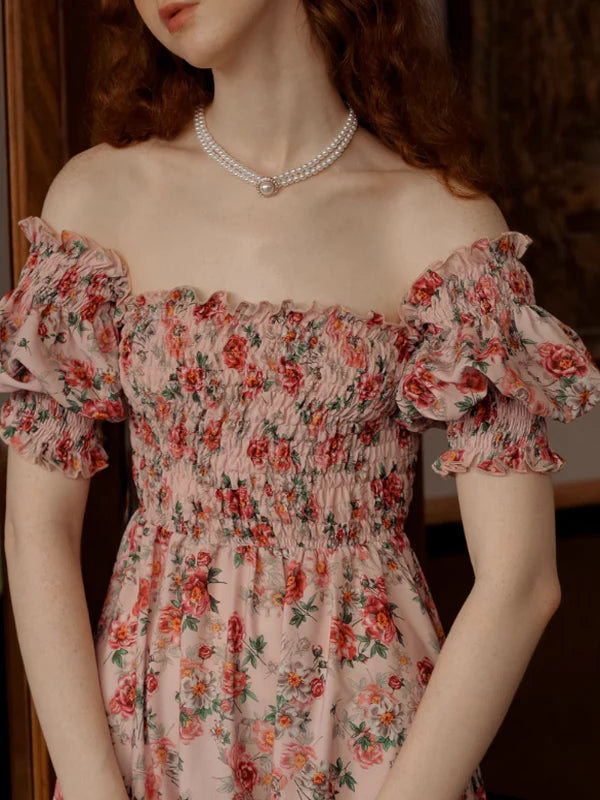 Vintage Pink Flower Off-Shoulder Dress