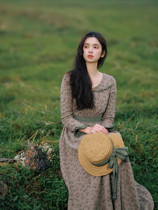 Whispering Meadow Floral Dress with Green Frill