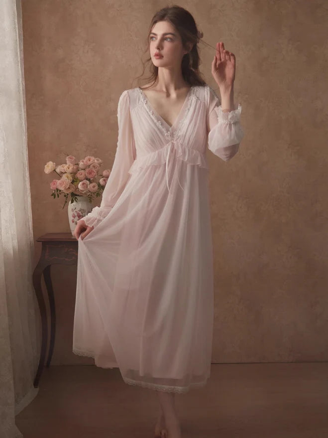 Ethereal Lace Trim Long Sleeve Nightgown