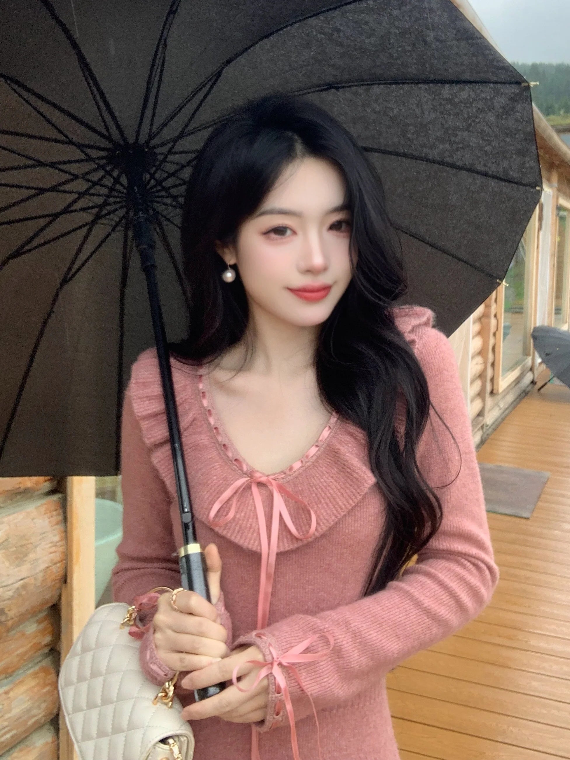 Ruffle Ribbon Blush Pink Knit Dress