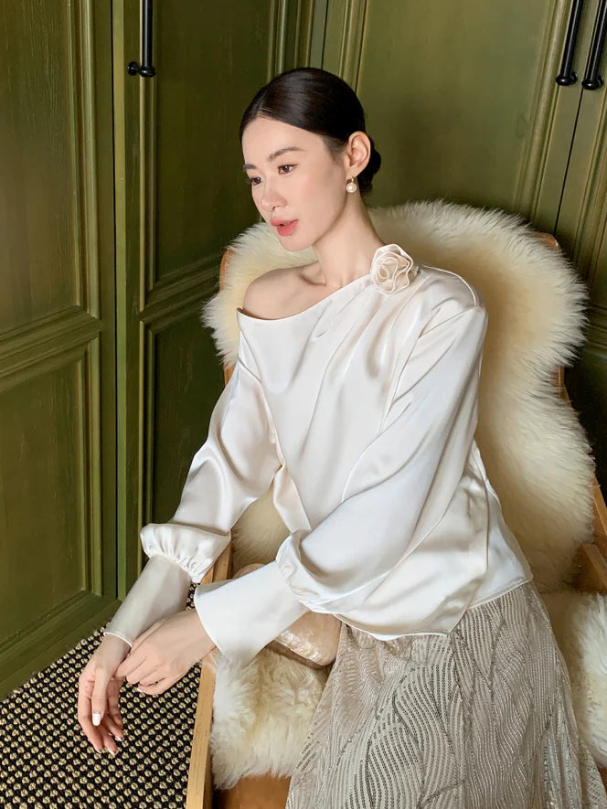 Off-Shoulder Flower Accent Blouse