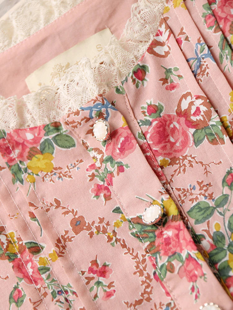 Lace Trim Vintage Floral Pink Cotton Dress