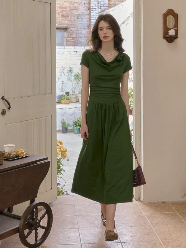 Emerald Whisper Draped Neckline Dress