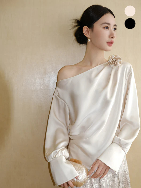 Off-Shoulder Flower Accent Blouse