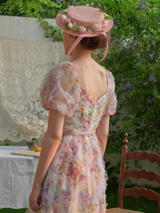 Blossom Whispers Ruffle Floral Puff Sleeve Dress