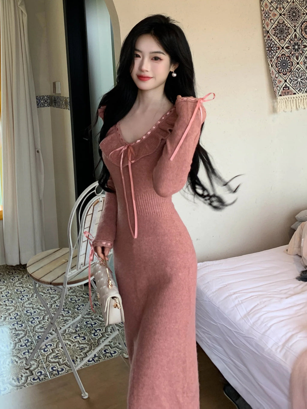 Ruffle Ribbon Blush Pink Knit Dress