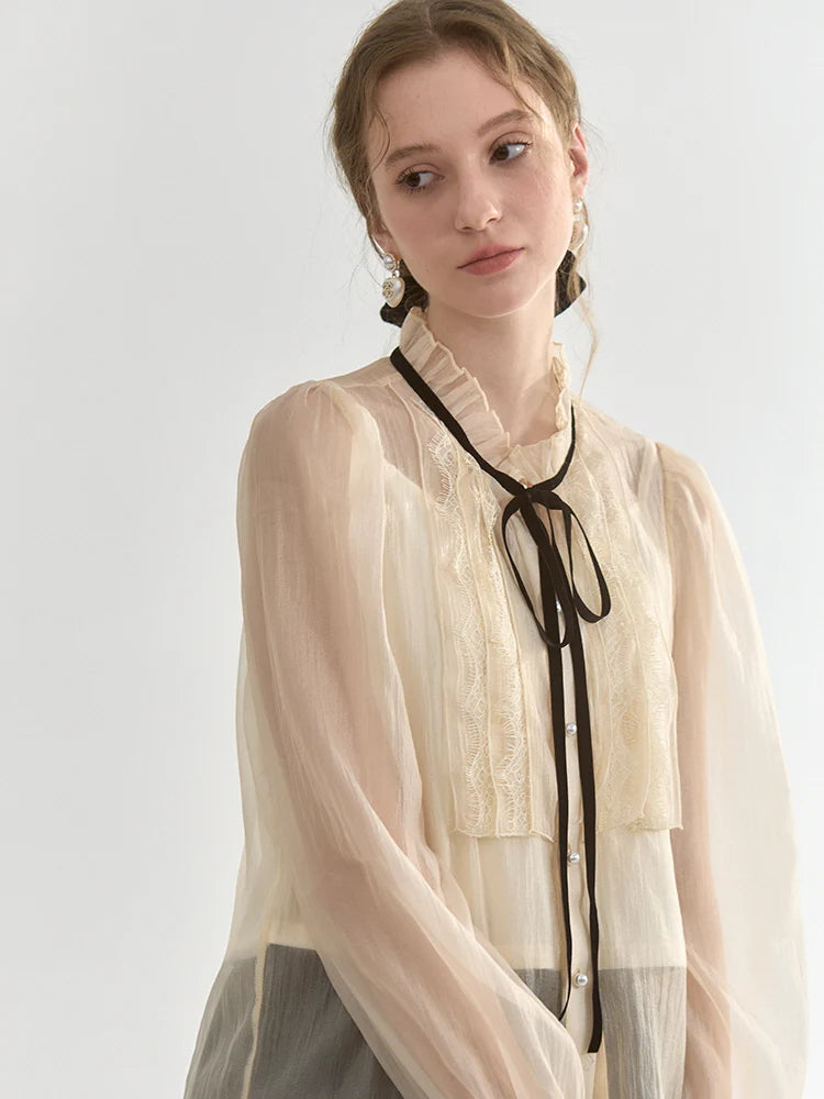 Sheer Lace-Trimmed Blouse with Ribbon Tie