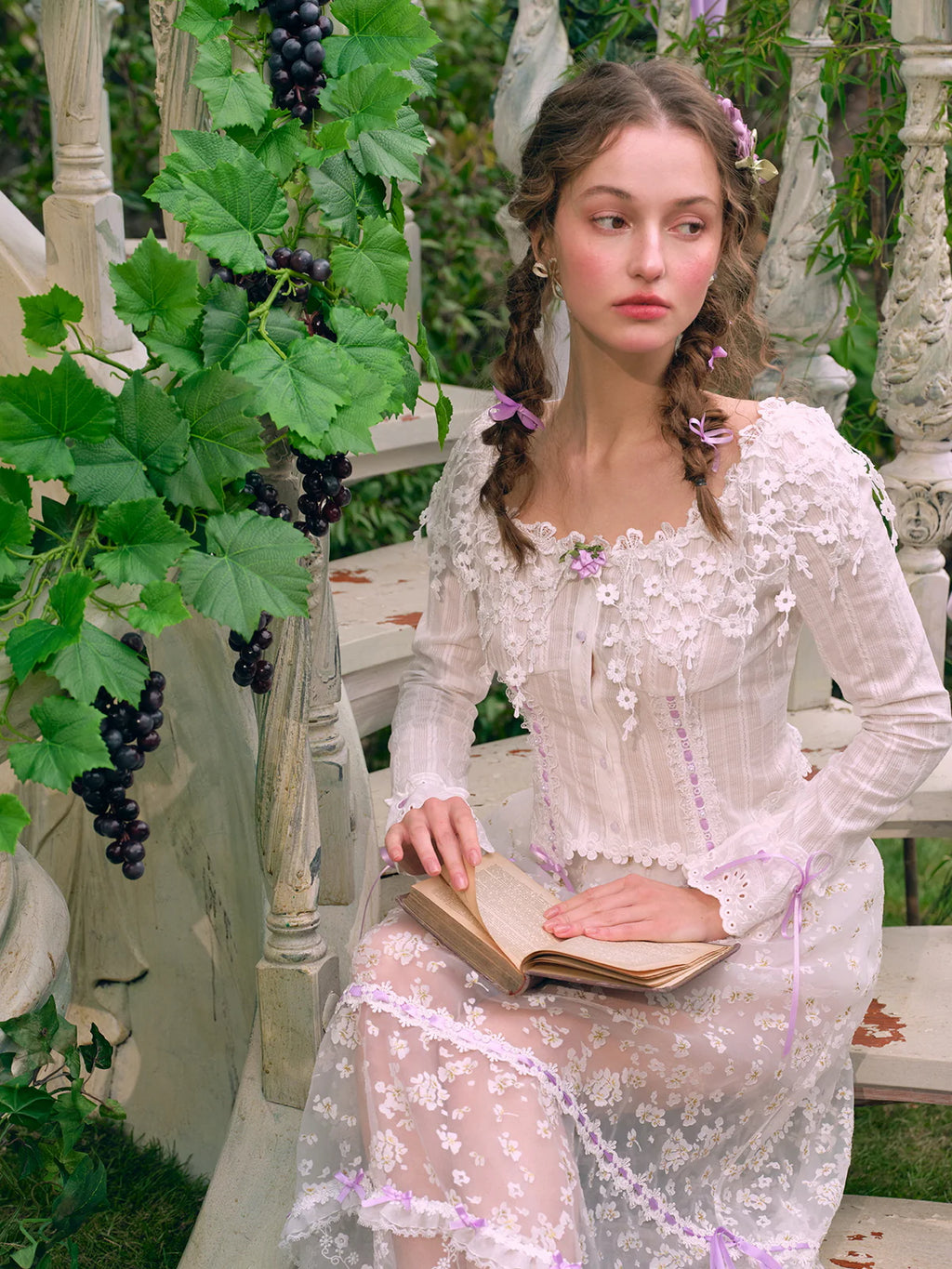 Lilac Ribbon Embroidered Lace Blouse