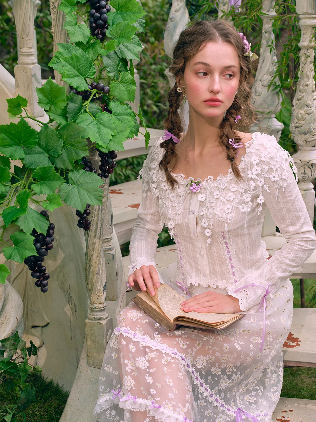 Lilac Ribbon Embroidered Lace Blouse