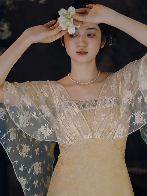 Golden Bloom Lace Overlay Dress