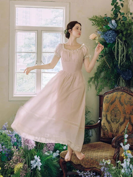 Blush Pearl‑Detail Lace Trim Dress