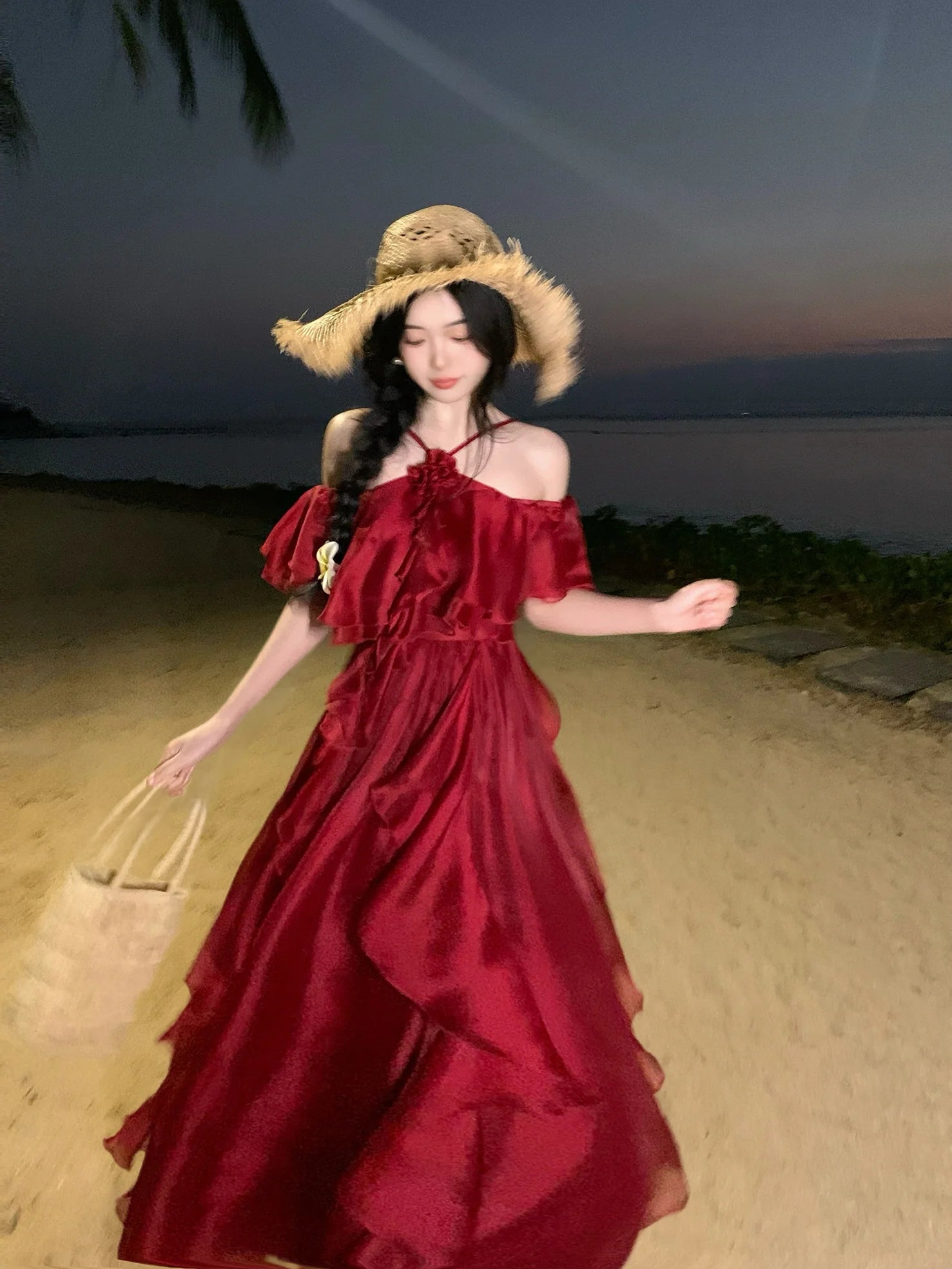 Scarlet Ruffle Off-Shoulder Chiffon Dress