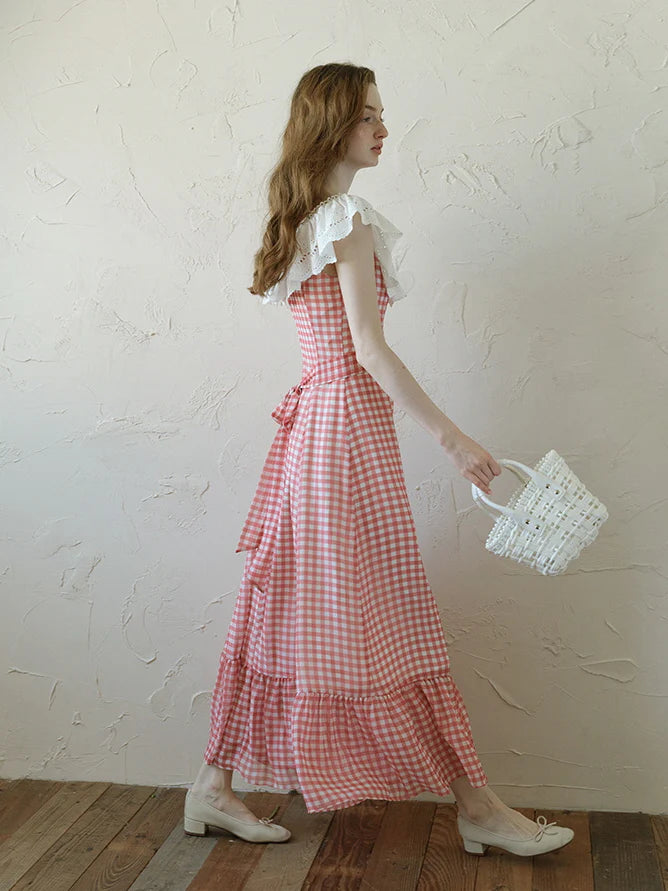 Red Gingham Off-Shoulder Frill Dress